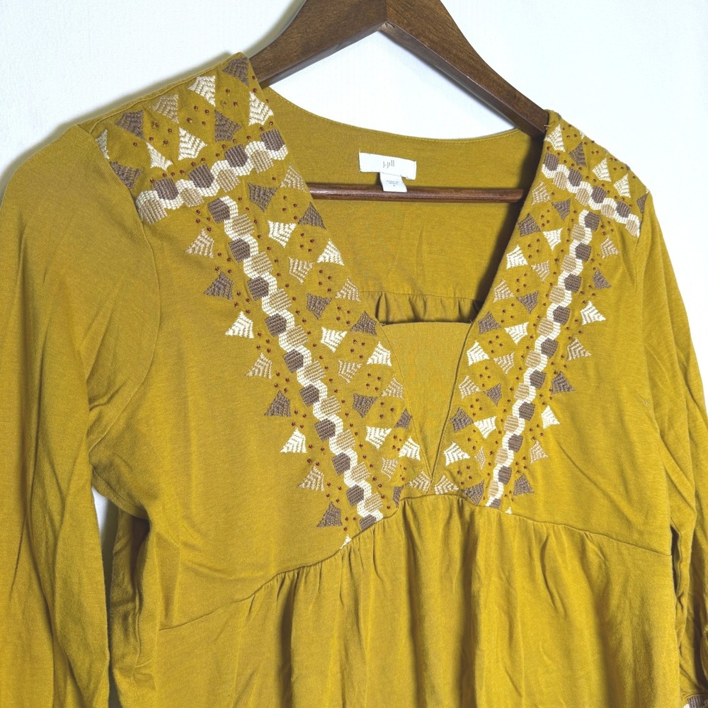 J. Jill Mustard Yellow Embroidered Beaded V-Neck Top Cotton Modal Blend Small